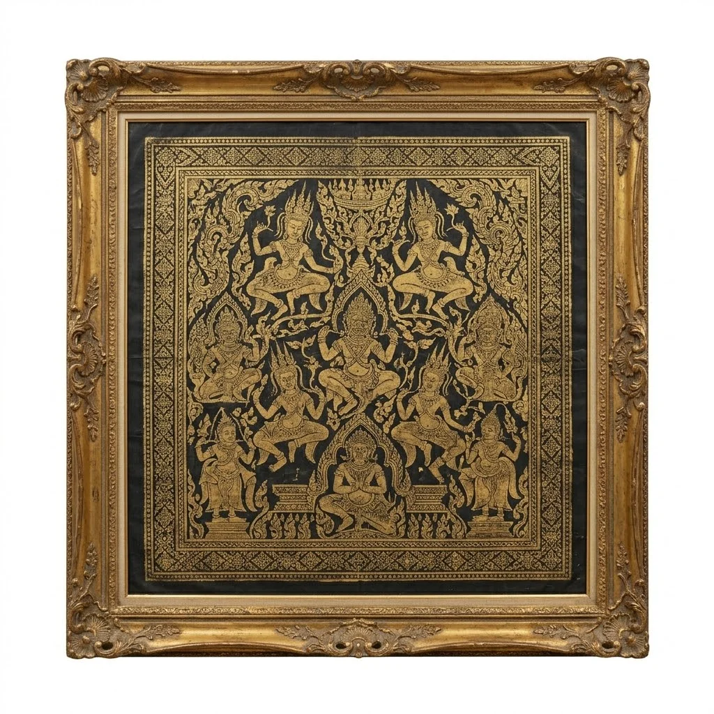 Thai Gold Leaf Temple Rubbing in Gilt Frame - Image 1