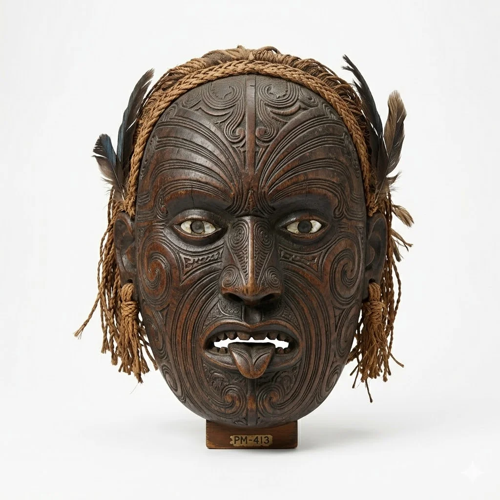 Carved Maori Tiki Head Sculpture - Image 1
